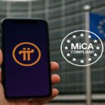 Illustration de la conformité de Pi Network au règlement européen MiCA, montrant un smartphone avec le logo Pi devant le bâtiment de la Commission Européenne.