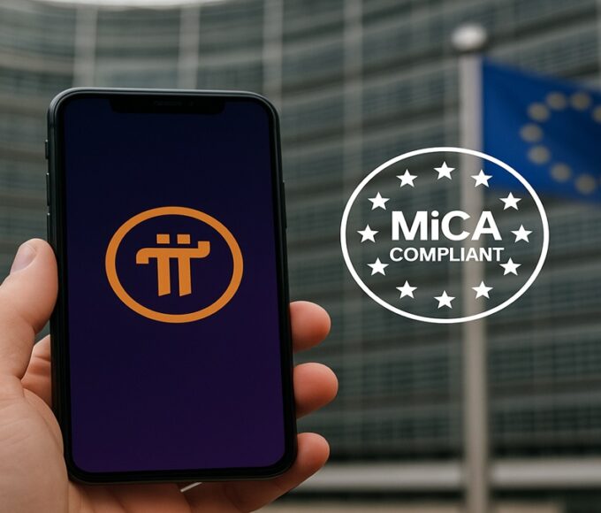 Illustration de la conformité de Pi Network au règlement européen MiCA, montrant un smartphone avec le logo Pi devant le bâtiment de la Commission Européenne.
