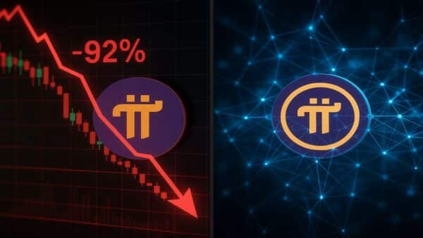 Pi Network logo avec graphique de prix en baisse - Analyse novembre 2025 et pivot vers l'IA avec OpenMind