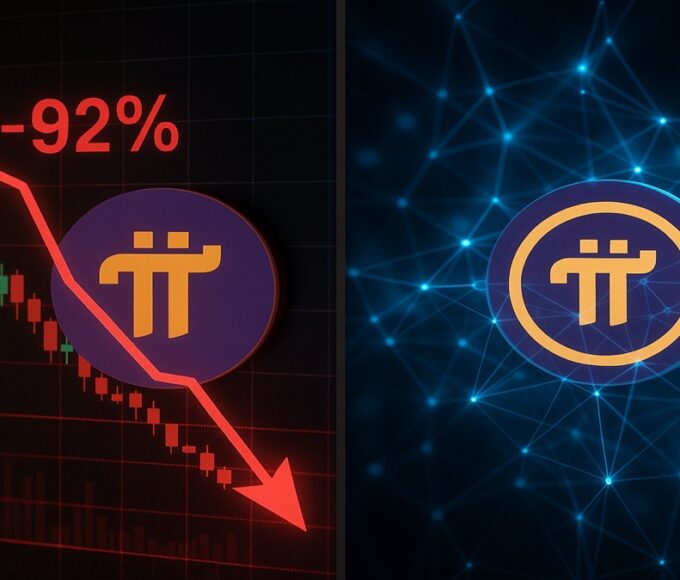 Pi Network logo avec graphique de prix en baisse - Analyse novembre 2025 et pivot vers l'IA avec OpenMind