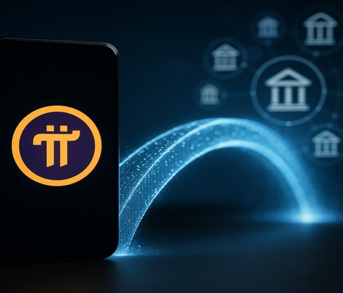 Illustration de Pi Network se connectant au système bancaire mondial via la norme ISO 20022 en 2025.