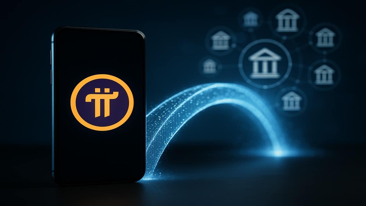 Illustration de Pi Network se connectant au système bancaire mondial via la norme ISO 20022 en 2025.