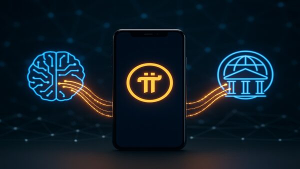 Illustration du Pi Network (PI) se connectant à l'IA (OpenMind AGI) et au système bancaire (SWIFT/ISO 20022).