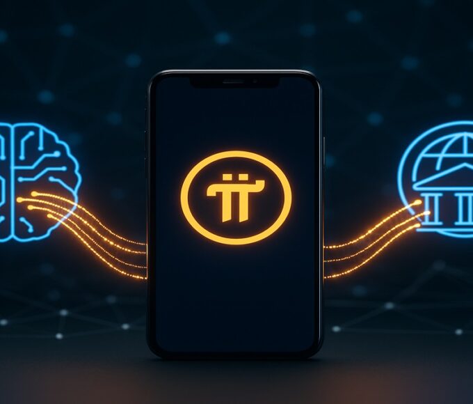 Illustration du Pi Network (PI) se connectant à l'IA (OpenMind AGI) et au système bancaire (SWIFT/ISO 20022).