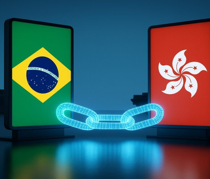 Illustration du pilote de commerce blockchain entre le Brésil (Drex) et Hong Kong (Ensemble) via Chainlink.