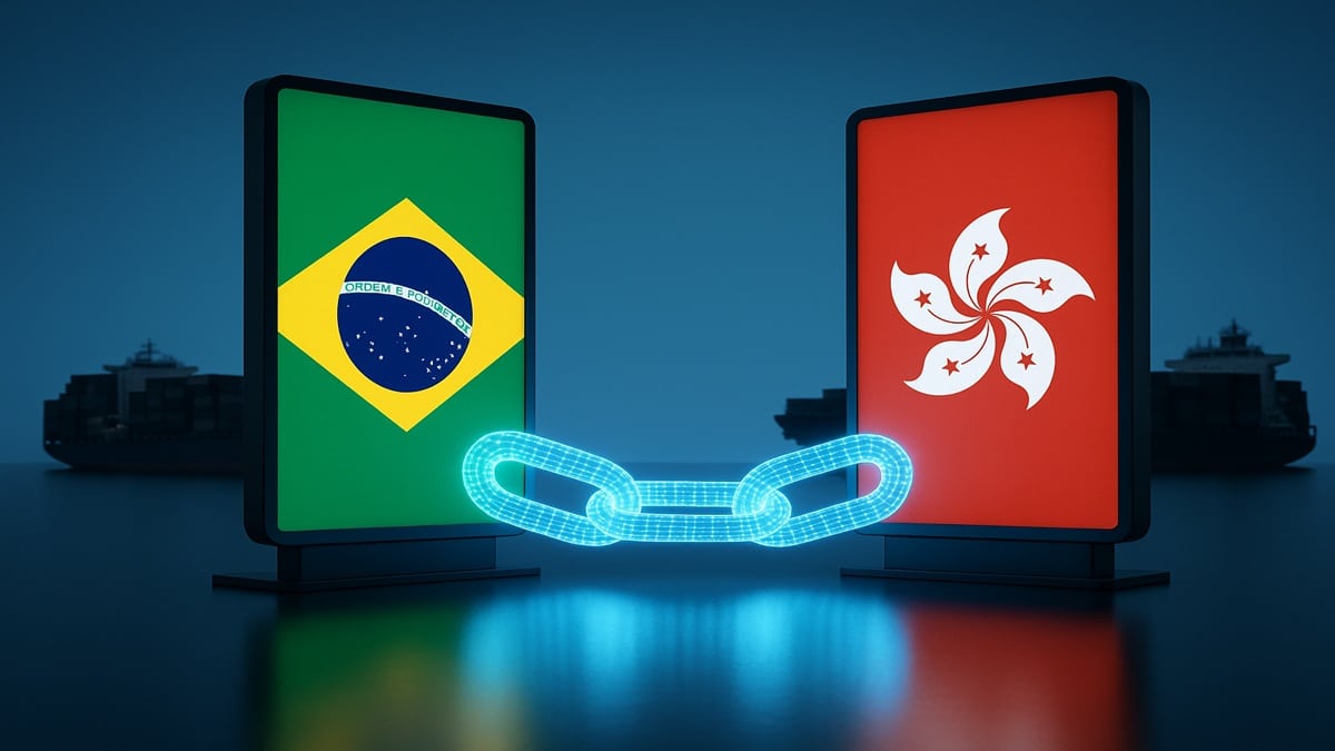 Illustration du pilote de commerce blockchain entre le Brésil (Drex) et Hong Kong (Ensemble) via Chainlink.