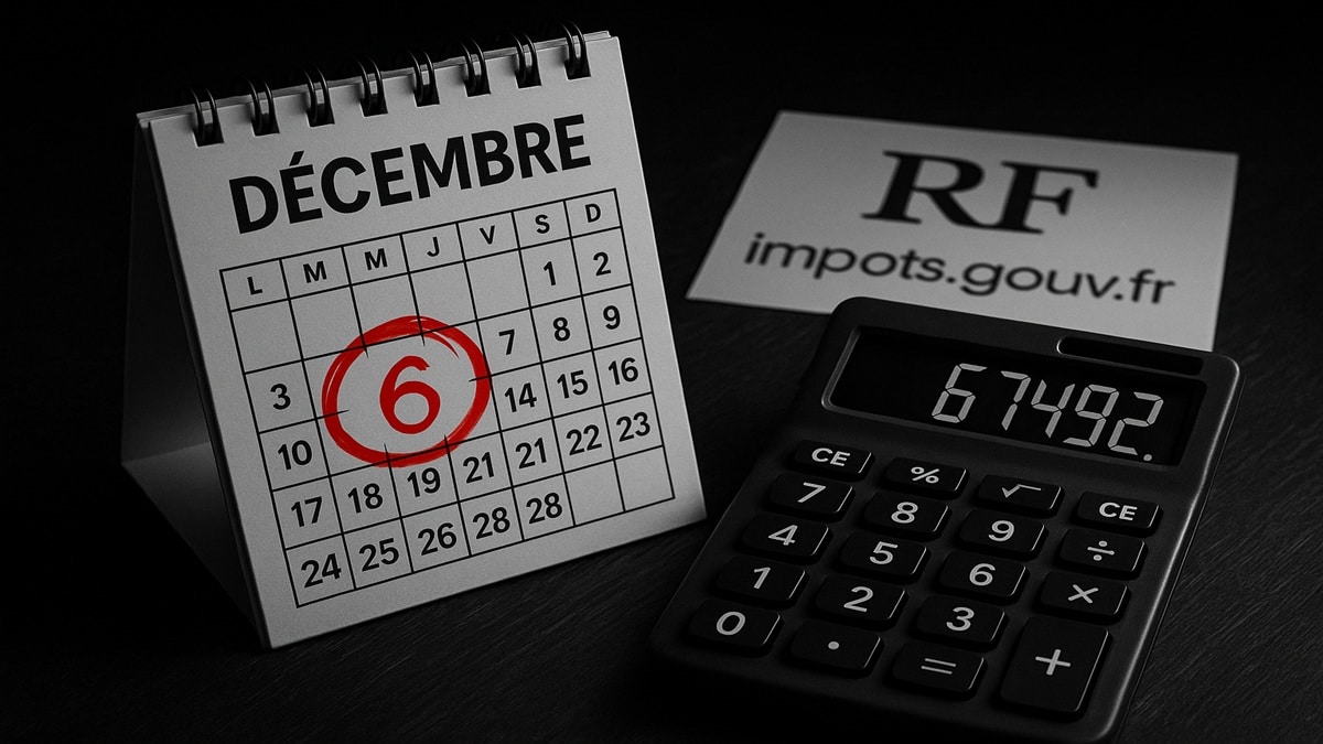 Une photo d'un calendrier montrant la date limite du 6 décembre 2025 encerclée en rouge, rappelant aux contribuables de renouveler leur taux de prélèvement à la source sur impots.gouv.fr.