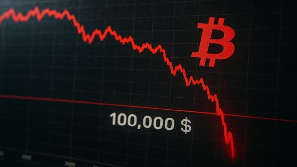 Graphique du prix du Bitcoin (BTC) montrant le crash sous les 100 000 dollars en 2025.