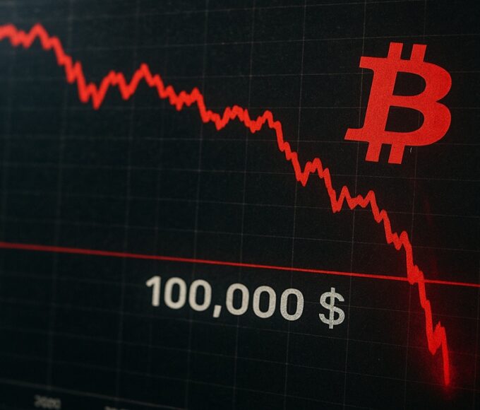 Graphique du prix du Bitcoin (BTC) montrant le crash sous les 100 000 dollars en 2025.