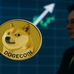 Le logo Dogecoin (DOGE) devant un graphique haussier, symbolisant l'impact des ETF et d'Elon Musk sur le prix en 2025.