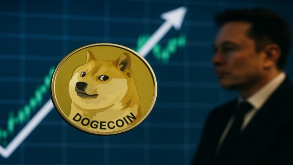 Le logo Dogecoin (DOGE) devant un graphique haussier, symbolisant l'impact des ETF et d'Elon Musk sur le prix en 2025.
