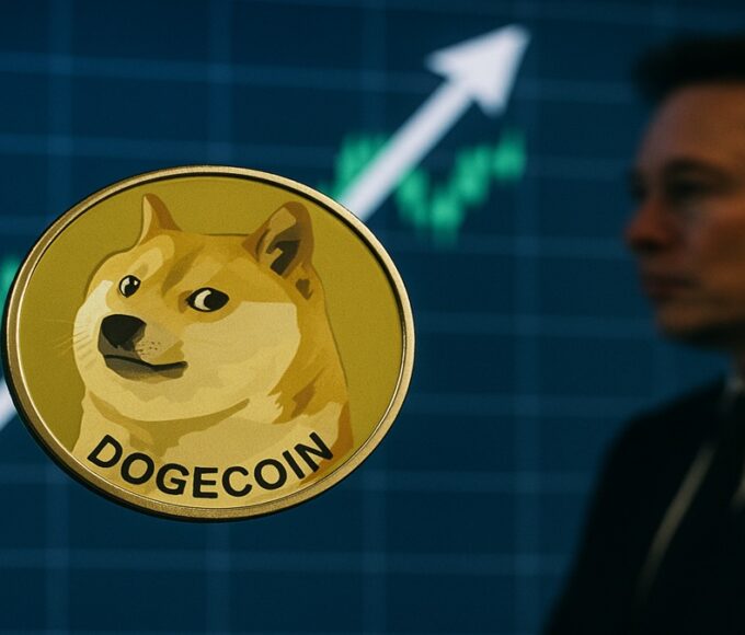 Le logo Dogecoin (DOGE) devant un graphique haussier, symbolisant l'impact des ETF et d'Elon Musk sur le prix en 2025.