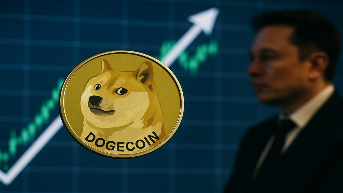 Le logo Dogecoin (DOGE) devant un graphique haussier, symbolisant l'impact des ETF et d'Elon Musk sur le prix en 2025.
