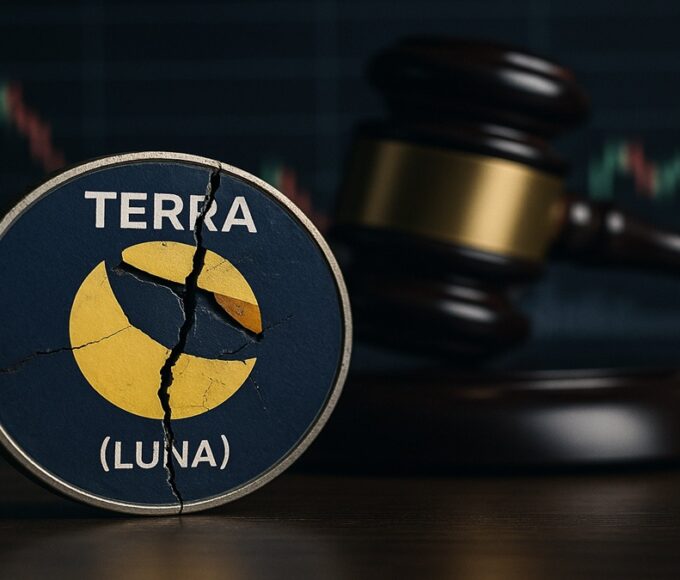 Le logo Terra Luna (LUNA) fissuré, symbolisant l'impact de l'affaire Do Kwon sur le prix en novembre 2025.