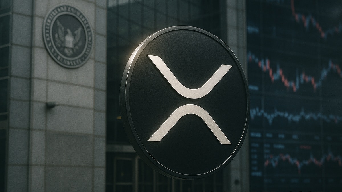 Le logo XRP (novembre 2025) devant des graphiques institutionnels, symbolisant l'impact des décisions ETF sur le prix du Ripple.