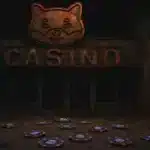 Une photo réaliste d'un casino abandonné avec un néon en forme de chien (memecoin) et des jetons Solana (SOL) au sol, symbolisant l'effondrement de Pump.fun en novembre 2025.