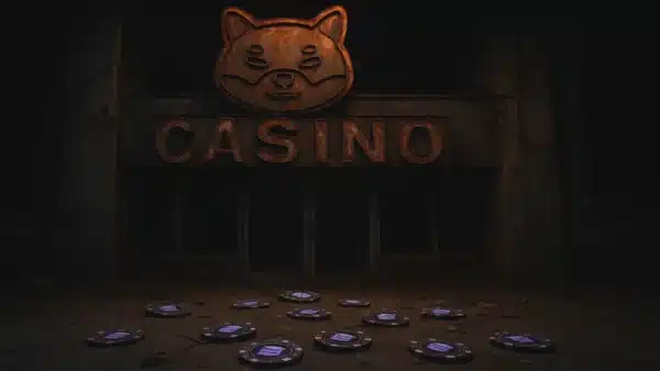 Une photo réaliste d'un casino abandonné avec un néon en forme de chien (memecoin) et des jetons Solana (SOL) au sol, symbolisant l'effondrement de Pump.fun en novembre 2025.