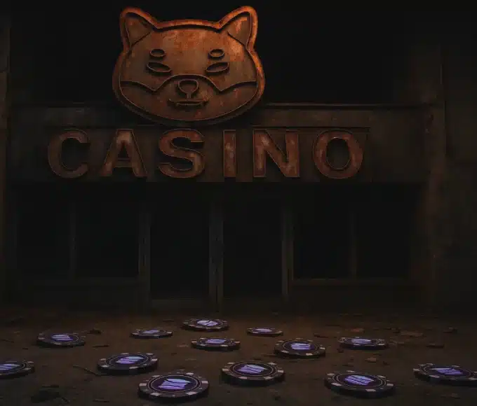 Une photo réaliste d'un casino abandonné avec un néon en forme de chien (memecoin) et des jetons Solana (SOL) au sol, symbolisant l'effondrement de Pump.fun en novembre 2025.