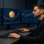 Investisseur devant plusieurs écrans affichant des graphiques de Bitcoin, Ethereum et altcoins en 2025, ambiance professionnelle et technologique.
