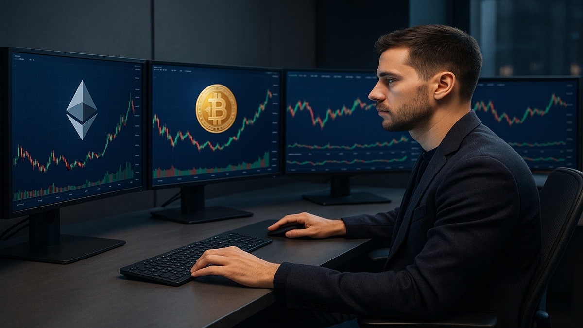 Investisseur devant plusieurs écrans affichant des graphiques de Bitcoin, Ethereum et altcoins en 2025, ambiance professionnelle et technologique.