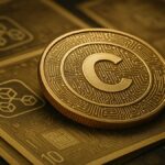 Illustration d’une monnaie numérique de banque centrale avec symboles blockchain et billets numériques