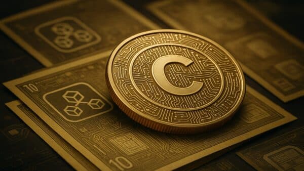 Illustration d’une monnaie numérique de banque centrale avec symboles blockchain et billets numériques