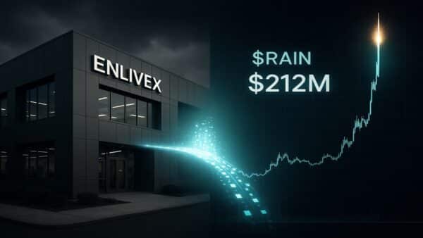 Une photo conceptuelle montrant un laboratoire (Enlivex Therapeutics) connecté à un graphique crypto en hausse (Rain Protocol $RAIN), symbolisant l'investissement de 212M$ de la biotech dans le token en novembre 2025.