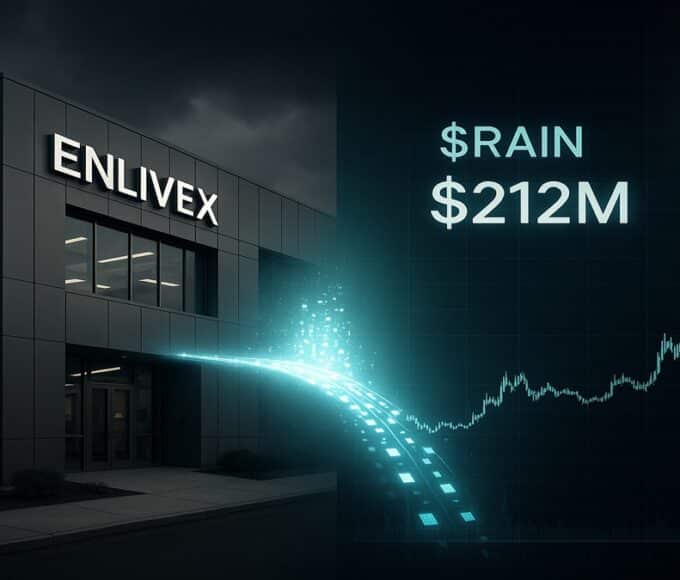 Une photo conceptuelle montrant un laboratoire (Enlivex Therapeutics) connecté à un graphique crypto en hausse (Rain Protocol $RAIN), symbolisant l'investissement de 212M$ de la biotech dans le token en novembre 2025.