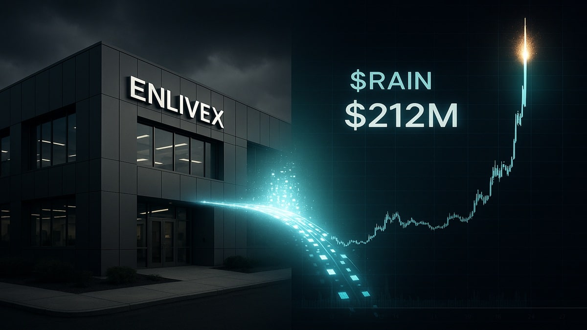 Une photo conceptuelle montrant un laboratoire (Enlivex Therapeutics) connecté à un graphique crypto en hausse (Rain Protocol $RAIN), symbolisant l'investissement de 212M$ de la biotech dans le token en novembre 2025.