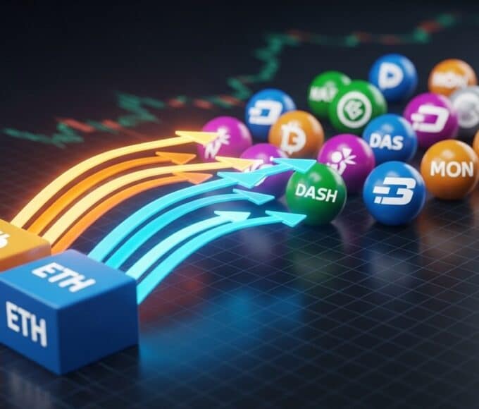 la rotation des capitaux crypto partant de Bitcoin et Ethereum vers un panier d'altcoins comme Dash, Kaspa et Monad.
