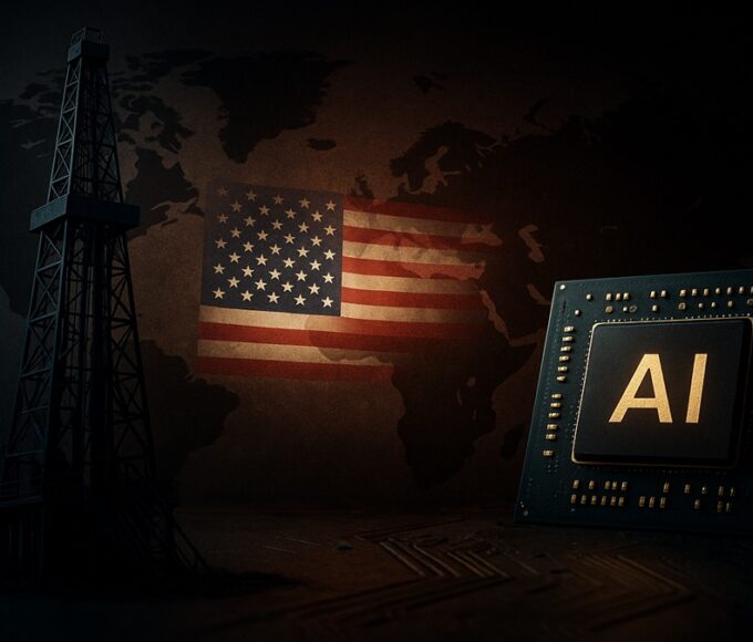 Illustration de la guerre économique américaine montrant une tour de forage pétrolier et une puce IA, symbolisant les sanctions contre la Russie et la Chine.