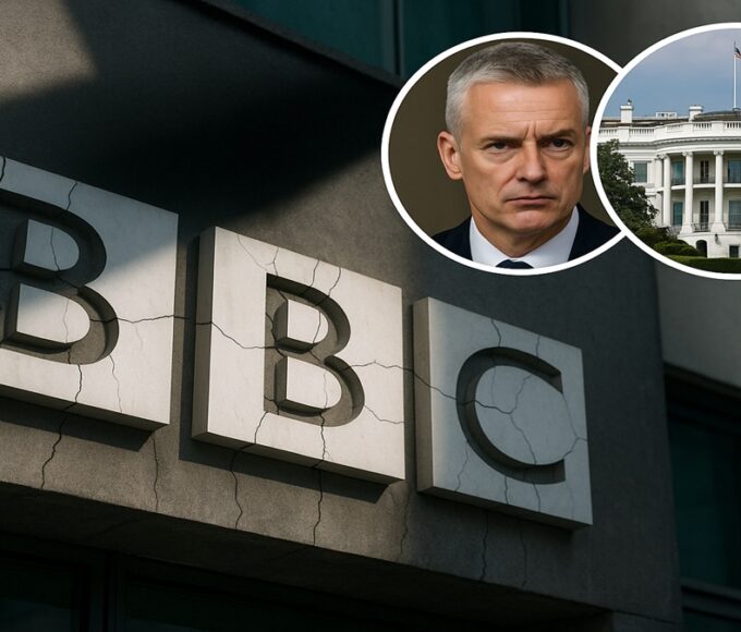 Le logo de la BBC, avec Tim Davie, symbolisant le scandale du documentaire truqué sur Donald Trump (nov 2025) qui a mené à sa démission.