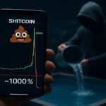 Illustration du concept de "rug pull" sur une shitcoin, montrant un graphique qui s'effondre et un développeur anonyme volant la liquidité.