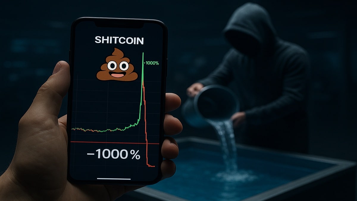 Illustration du concept de "rug pull" sur une shitcoin, montrant un graphique qui s'effondre et un développeur anonyme volant la liquidité.