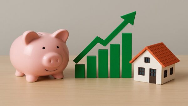 Graphique montrant la hausse des taux d'épargne en novembre 2025 à côté d'une tirelire et d'une maison.