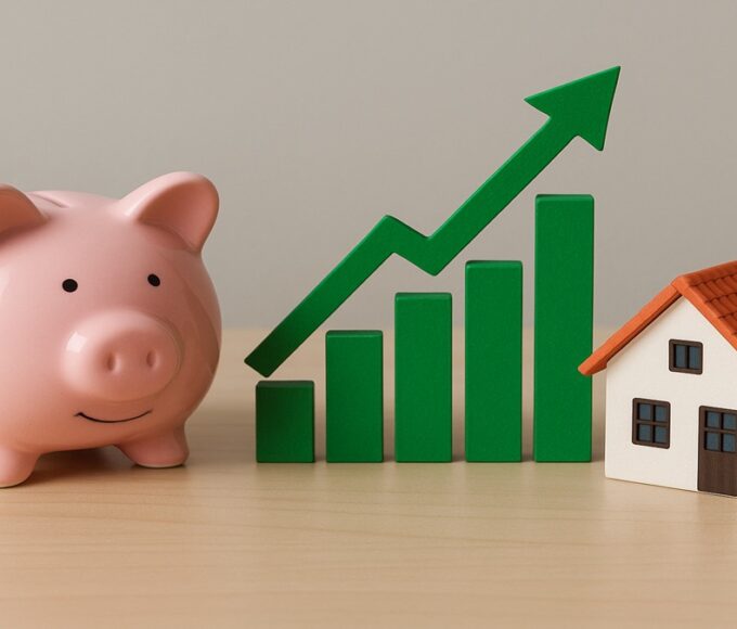 Graphique montrant la hausse des taux d'épargne en novembre 2025 à côté d'une tirelire et d'une maison.
