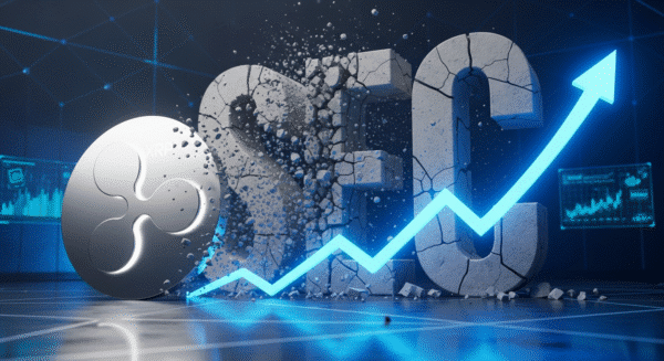 Illustration éditoriale montrant le logo Ripple et XRP avec un marteau de juge et une flèche verte ascendante.