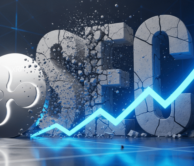 Illustration éditoriale montrant le logo Ripple et XRP avec un marteau de juge et une flèche verte ascendante.