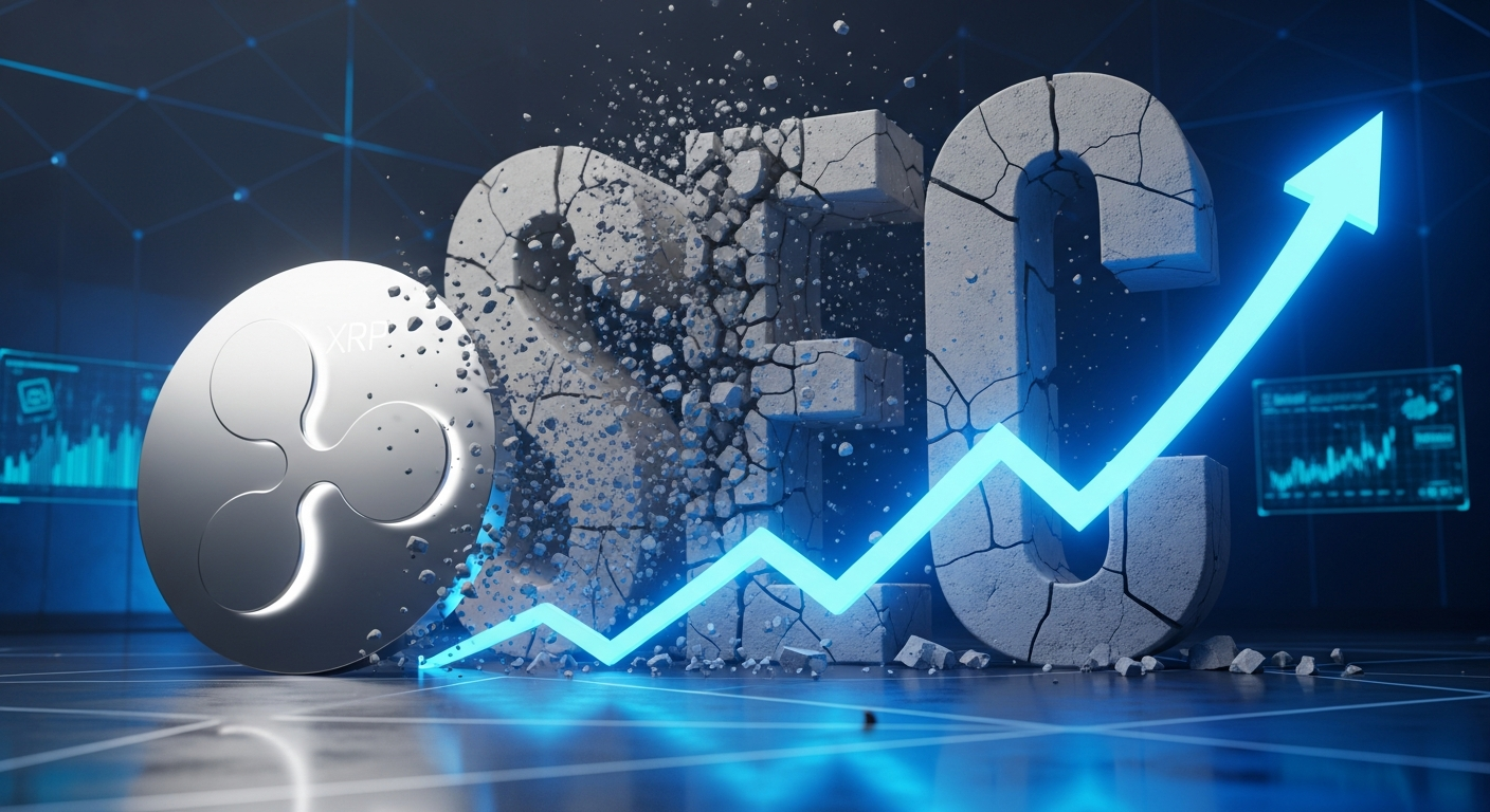 Illustration éditoriale montrant le logo Ripple et XRP avec un marteau de juge et une flèche verte ascendante.