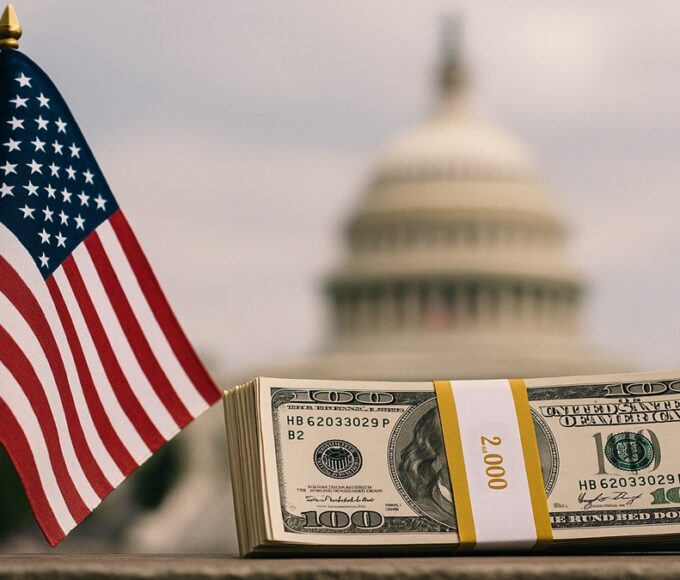 Donald Trump proposant un "dividende tarifaire" de 2000$ (nov 2025), avec le Capitole (Congrès) en arrière-plan.