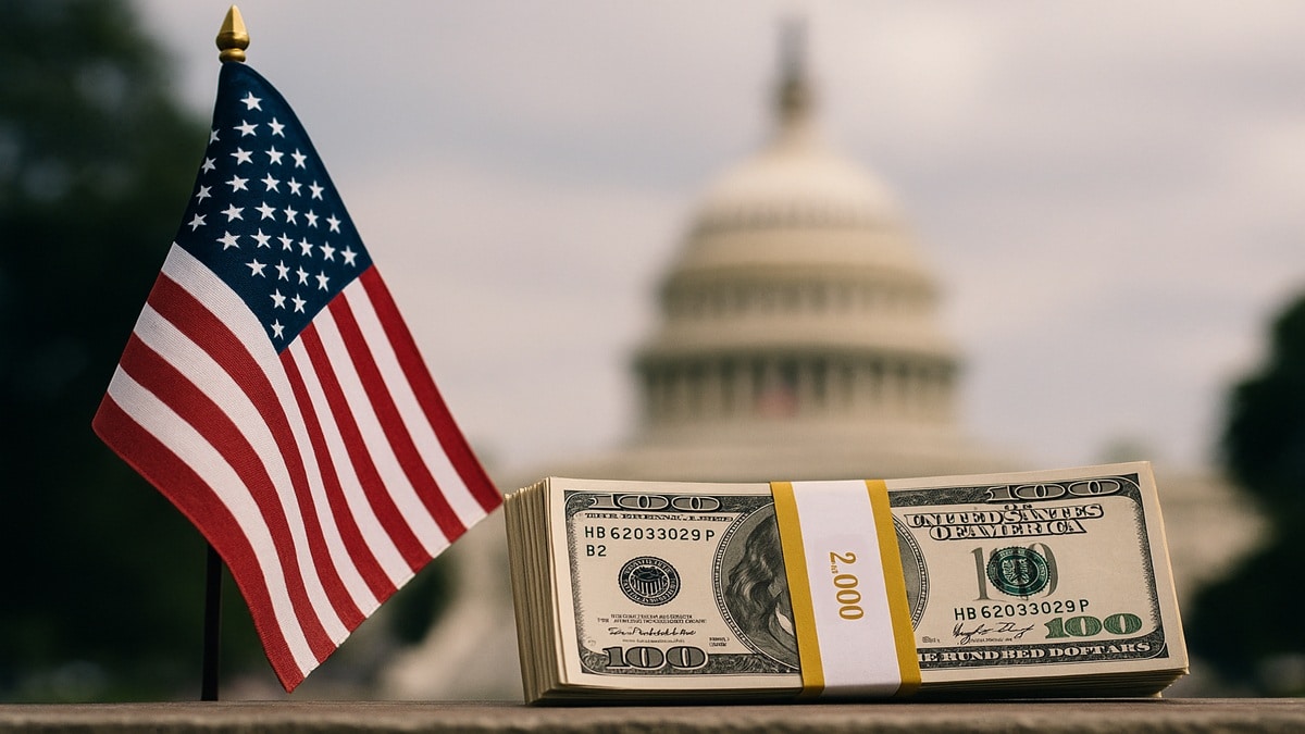 Donald Trump proposant un "dividende tarifaire" de 2000$ (nov 2025), avec le Capitole (Congrès) en arrière-plan.