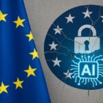 Le logo du RGPD (GDPR) à côté du drapeau de l'UE, en novembre 2025, symbolisant l'affaiblissement des règles de protection des données pour l'IA.