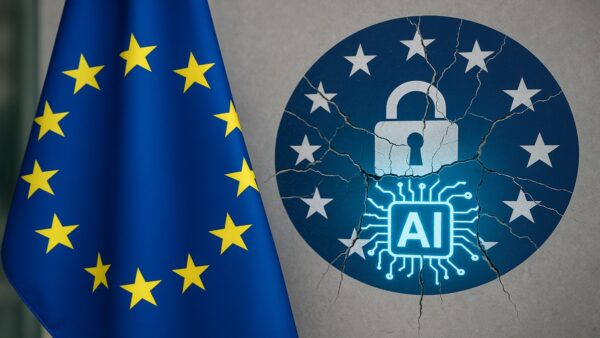 Le logo du RGPD (GDPR) à côté du drapeau de l'UE, en novembre 2025, symbolisant l'affaiblissement des règles de protection des données pour l'IA.