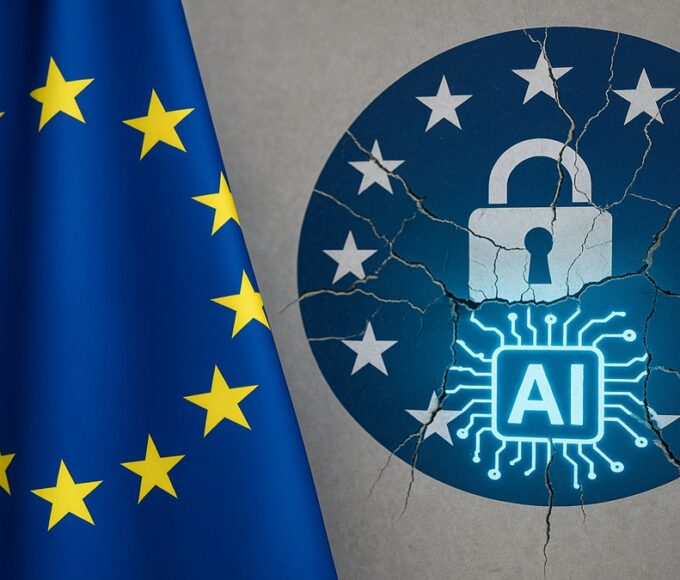 Le logo du RGPD (GDPR) à côté du drapeau de l'UE, en novembre 2025, symbolisant l'affaiblissement des règles de protection des données pour l'IA.