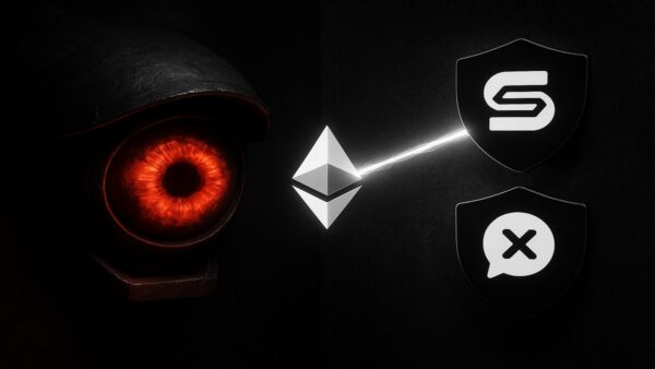 Une photo conceptuelle montrant un don d'Ethereum (Vitalik Buterin) protégeant Session et SimpleX d'un œil de surveillance, symbolisant la lutte contre "Chat Control" en novembre 2025.