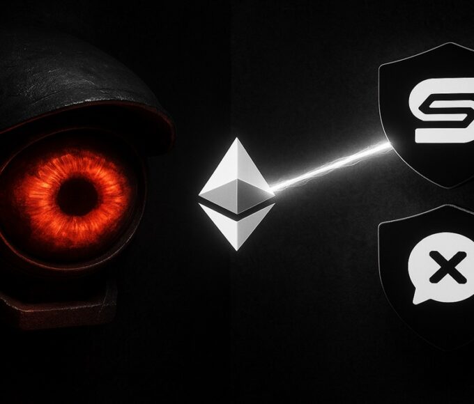 Une photo conceptuelle montrant un don d'Ethereum (Vitalik Buterin) protégeant Session et SimpleX d'un œil de surveillance, symbolisant la lutte contre "Chat Control" en novembre 2025.
