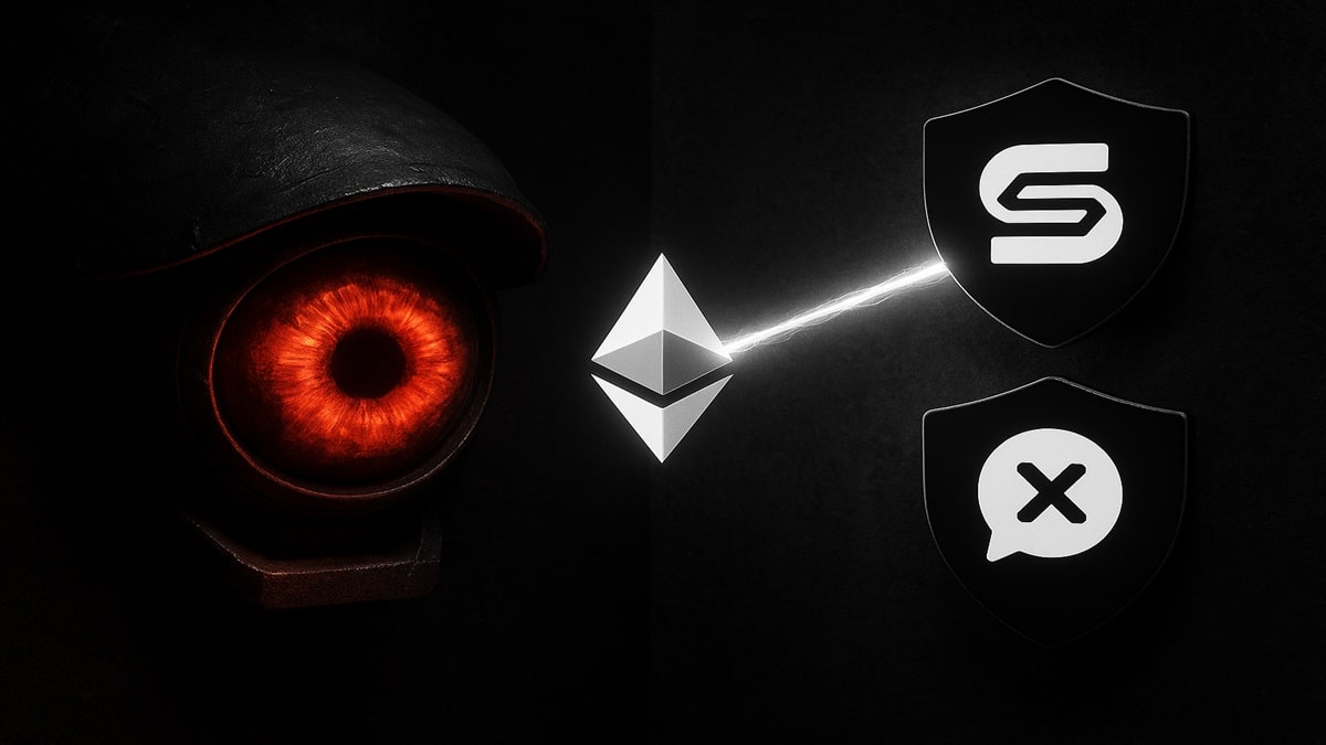 Une photo conceptuelle montrant un don d'Ethereum (Vitalik Buterin) protégeant Session et SimpleX d'un œil de surveillance, symbolisant la lutte contre "Chat Control" en novembre 2025.