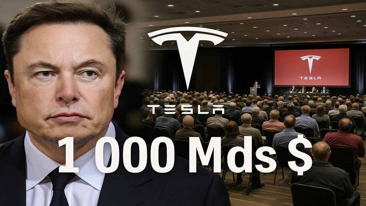 Illustration du vote des actionnaires de Tesla (novembre 2025) sur le plan de rémunération de 1000 milliards de dollars d'Elon Musk.