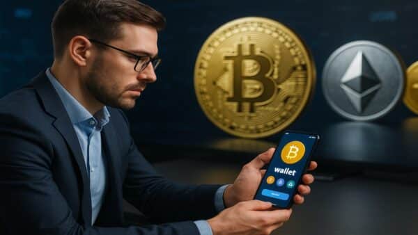 Investisseur devant son wallet crypto affichant des graphiques de Bitcoin, Ethereum et altcoins en 2025, ambiance professionnelle et technologique.