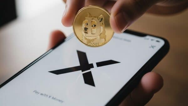 Une photo conceptuelle montrant le logo X (Twitter) sur un téléphone et une pièce de Dogecoin (DOGE), symbolisant le projet "X Money" d'Elon Musk pour les paiements crypto en 2025.